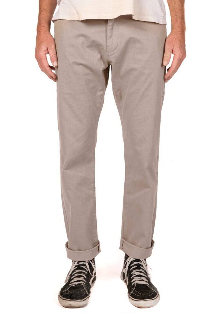 Vissla Creators Port Chino Pant in khaki, front view with cuffed hem.