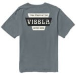 Back view of Vissla Stacks Premium PKT Tee in graphite with bold graphic design.