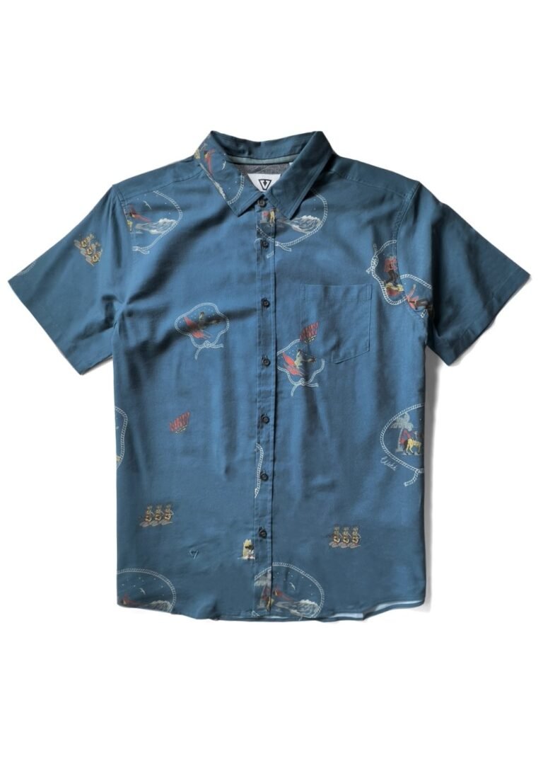 Vissla Soren Wavy West Eco short sleeve shirt in tidal blue, front view.