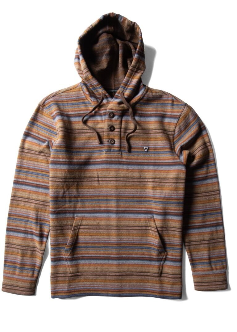 Vissla Descanso Hooded Popover with striped design, front view.