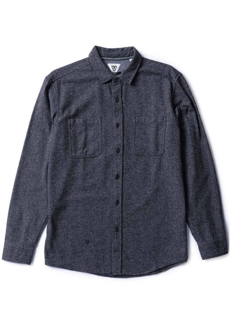 Vissla Shaper Eco Flannel in black, front view of long sleeve shirt.