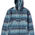 Vissla Eco-Zy Shirt Jacket in sea water color with striped design and hood.
