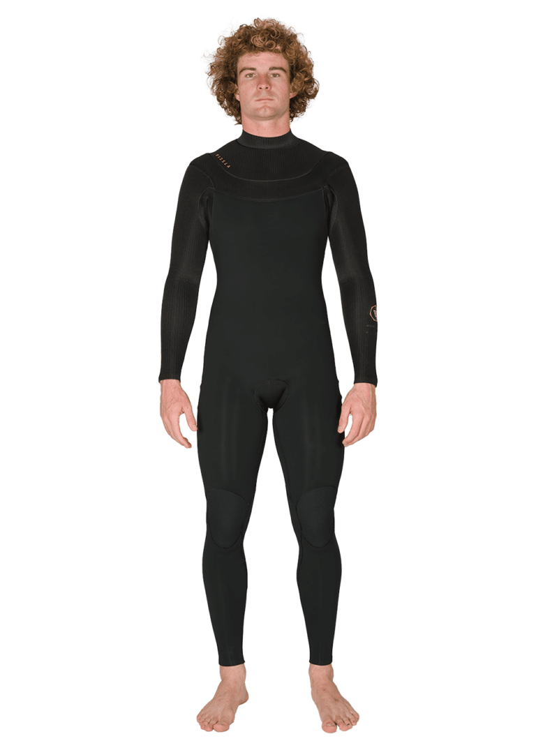 Front view of Vissla New Seas 4-3 U-Zip Wetsuit in black, full-body design.
