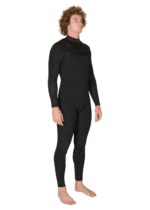 Side angle of Vissla New Seas 4-3 U-Zip Wetsuit in black, showcasing sleek fit.
