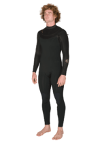 Front-side angle of Vissla New Seas 4-3 U-Zip Wetsuit in black, full-length view.