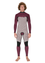 Front view of Vissla New Seas 4-3 U-Zip Wetsuit in maroon with patterned interior.