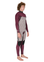 Side angle of Vissla New Seas 4-3 U-Zip Wetsuit in maroon, highlighting interior design.