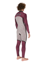 Back view of Vissla New Seas 4-3 U-Zip Wetsuit in maroon, showcasing patterned details.