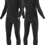 Vissla 7 Seas 4/3 chest zip black wetsuit, full-length, front and back view.
