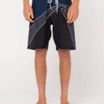 Rusty Illusion Boardshort with geometric design, front view.