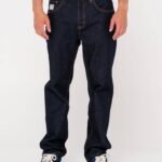Front view of Rusty Steven Straight Fit Jean in dark denim with contrast stitching.