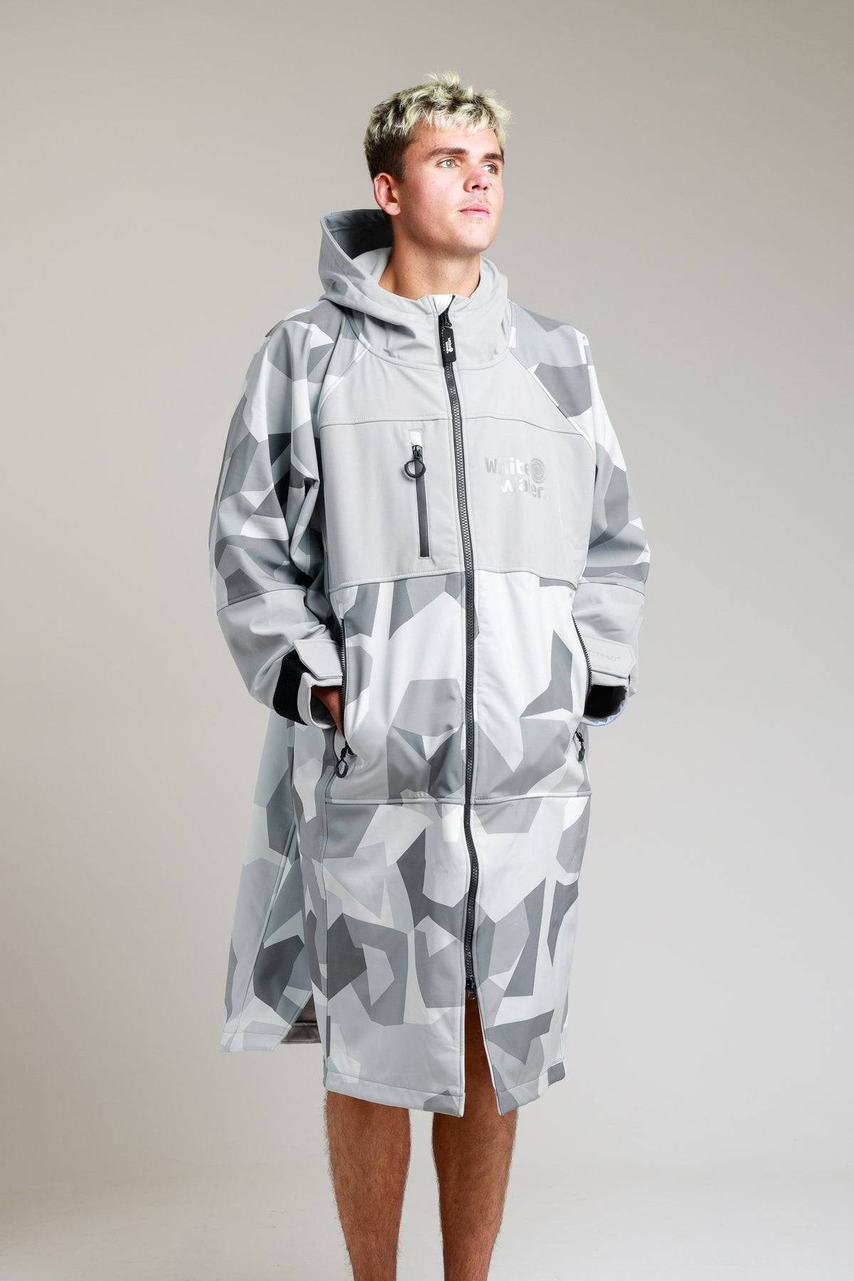SSARCTIC5 White Water Adult Soft Shell Robe in Arctic Camo, front view with hood.