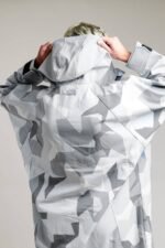 White Water Adult Soft Shell Robe in Arctic Camo, back view with hood up.