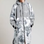 White Water Adults Hard Shell Robe in Arctic Camo/Grey, front view on male model.
