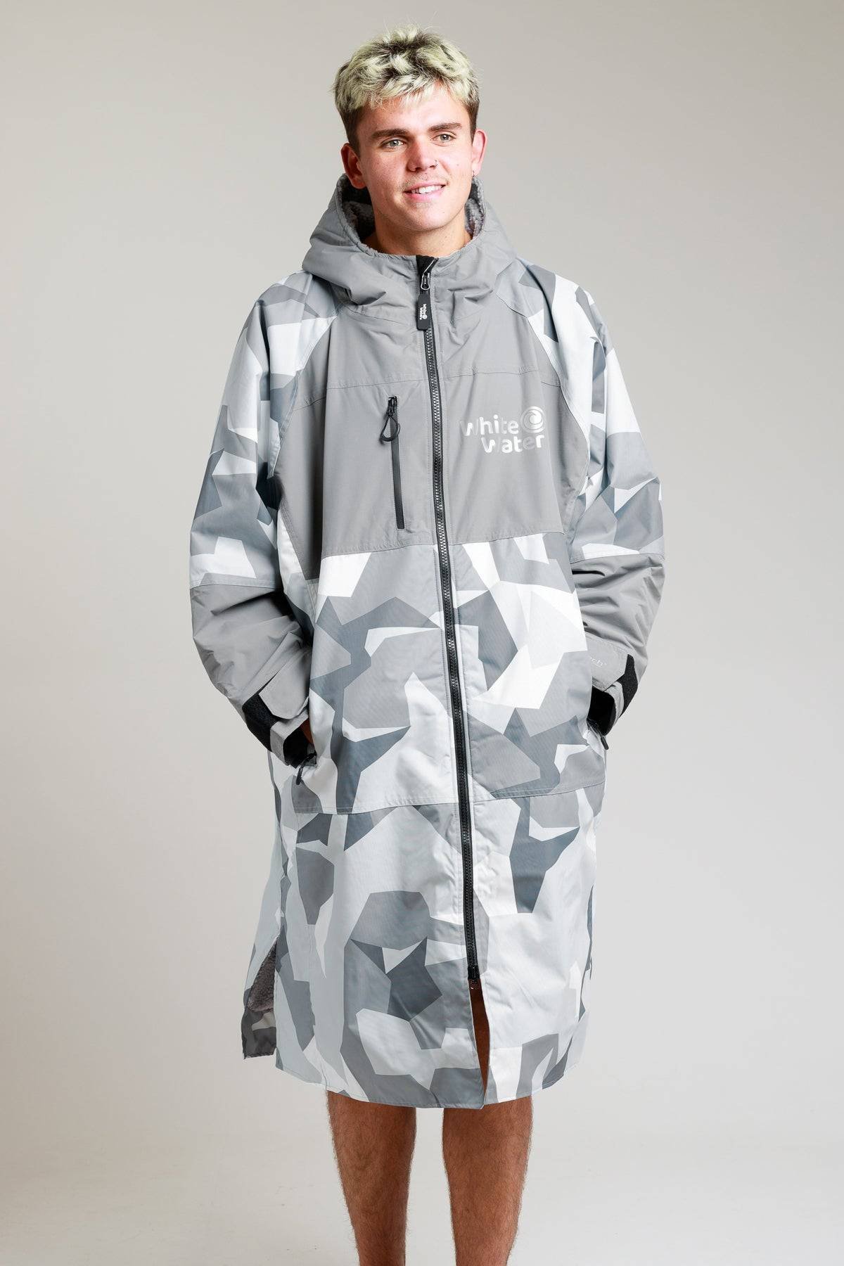 arctic1 White Water Adults Hard Shell Robe in Arctic Camo/Grey, front view on male model.