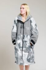 White Water Adults Hard Shell Robe in Arctic Camo/Grey, zipped front view on female model.