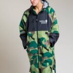 White Water Adults Hard Shell Robe in camo design, front view with hood.
