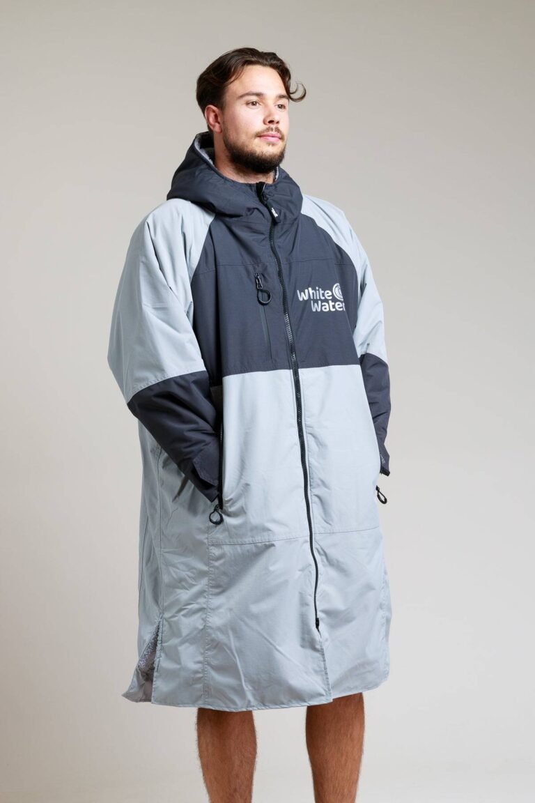 White Water Adult Hard Shell Robe in grey with hood, modeled by a man.