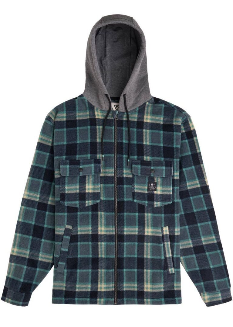 Vissla Hermosa Hooded Shirt in Smokey Jade with plaid design and front pockets.