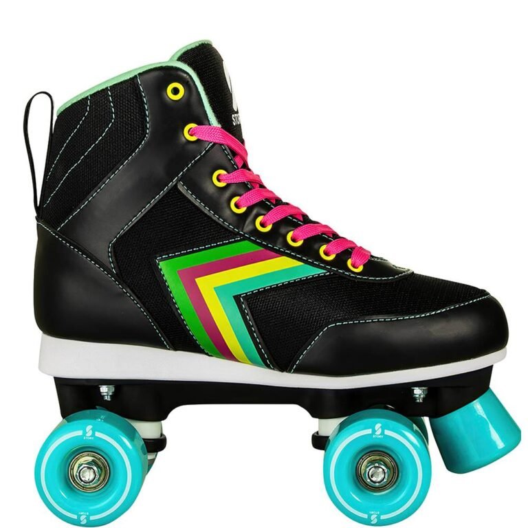 Story Spectrum Side by Side Skates in black with vibrant pink laces and teal wheels.